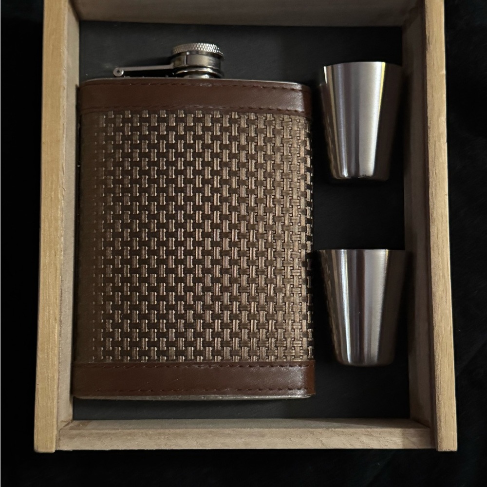 Brown Leather  & Woven Flask Set with Silver Cups